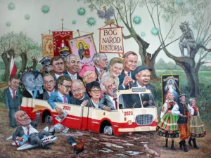 Oil painting with a red-and-white bus crowded with caricatured figures in a muddy rural setting