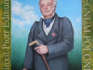 Oil painting with a frontal portrait of an older man holding a cane