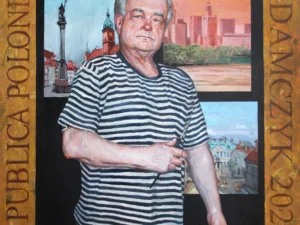 Oil painting with a frontal portrait of a gray-haired man in a black-and-white striped shirt holding a paintbrush
