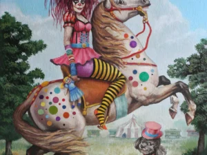 Oil painting with a masked figure in a pink costume riding a rearing white horse covered in colored dots