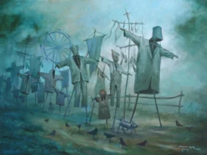 Oil painting with a group of scarecrow-like figures made from coats and poles in a misty field