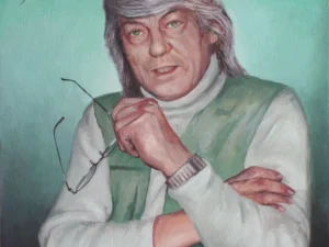 Oil painting with a half-length portrait of a gray-haired man holding eyeglasses