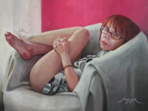 Oil painting with a woman reclining in a white armchair