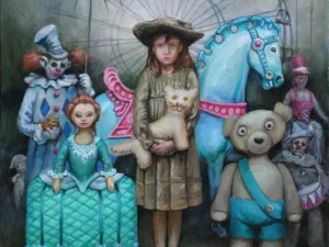 Oil painting with a barefoot girl holding a stuffed cat