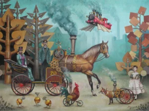 Oil painting with a mechanical horse pulling a carriage