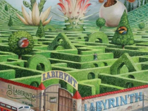 Oil painting with a walled hedge maze on a city street