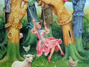 Oil painting with a woman in a pink dress on a swing beneath large gloved hands holding pink roses
