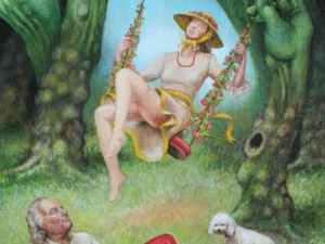 Oil painting with a woman on a flower-covered swing in a forest clearing