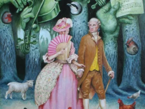 Oil painting with an eighteenth-century couple walking in a forest clearing surrounded by chickens
