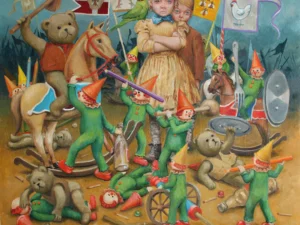 Oil painting with two children standing among toy horses