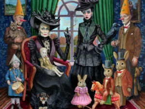 Oil painting with a staged interior scene showing two women in black dresses