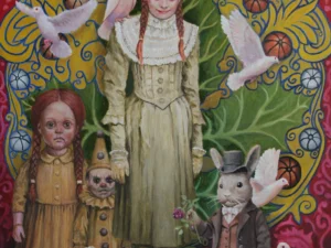 Oil painting with a central red-haired girl in a pale dress