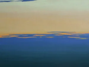 Oil painting with a seascape in horizontal bands of pale blue sky