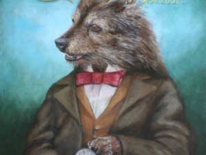 Oil painting with an anthropomorphic dog in a brown suit and red bow tie holding a pocket watch against a blue-green background with gold lettering. The palette is dominated by blue