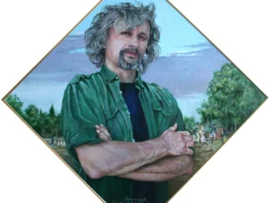 Oil painting with a half-length portrait of a gray-haired