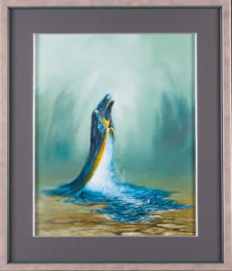 Framed painting with a hooded figure pouring water into a pool in teal