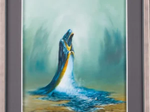 Framed painting with a hooded figure pouring water into a pool in teal