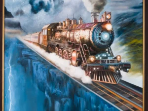 Painting with a steam locomotive on elevated tracks in blue