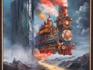 Painting with a steam locomotive emerging in a rocky