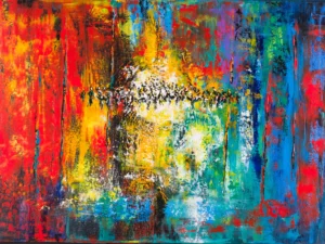 Painting with abstract layered vertical fields and a bright central area in red