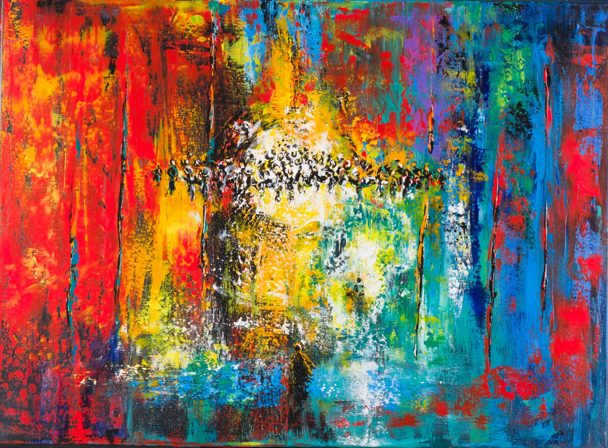 Painting with abstract layered vertical fields and a bright central area in red