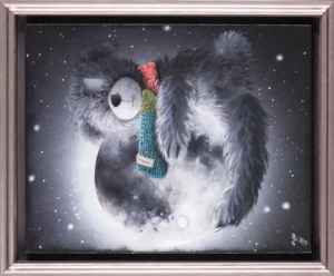 Framed painting with a plush bear holding a moon in black