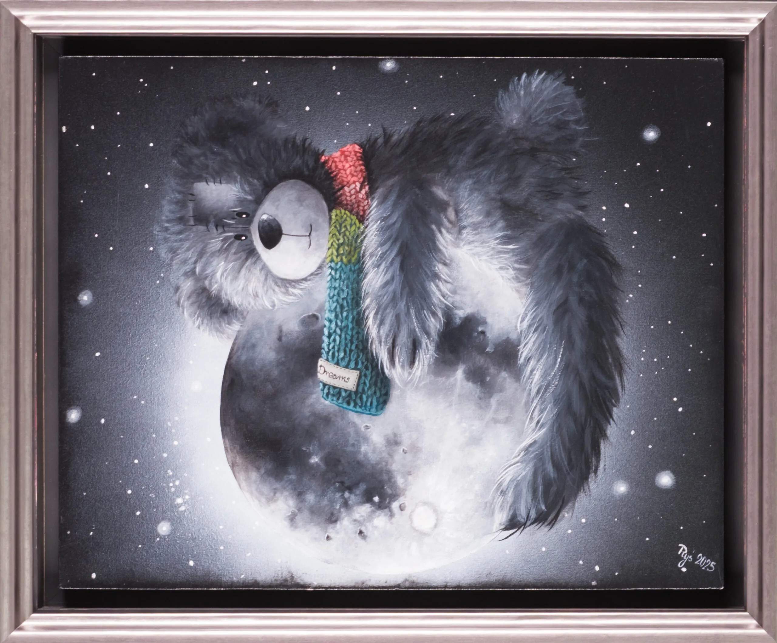 Framed painting with a plush bear holding a moon in black