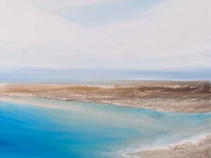 Painting with a coastal lagoon landscape in pale blue