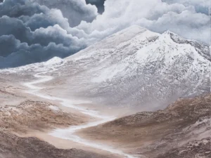 Painting with snowy mountains beneath heavy clouds in blue-gray