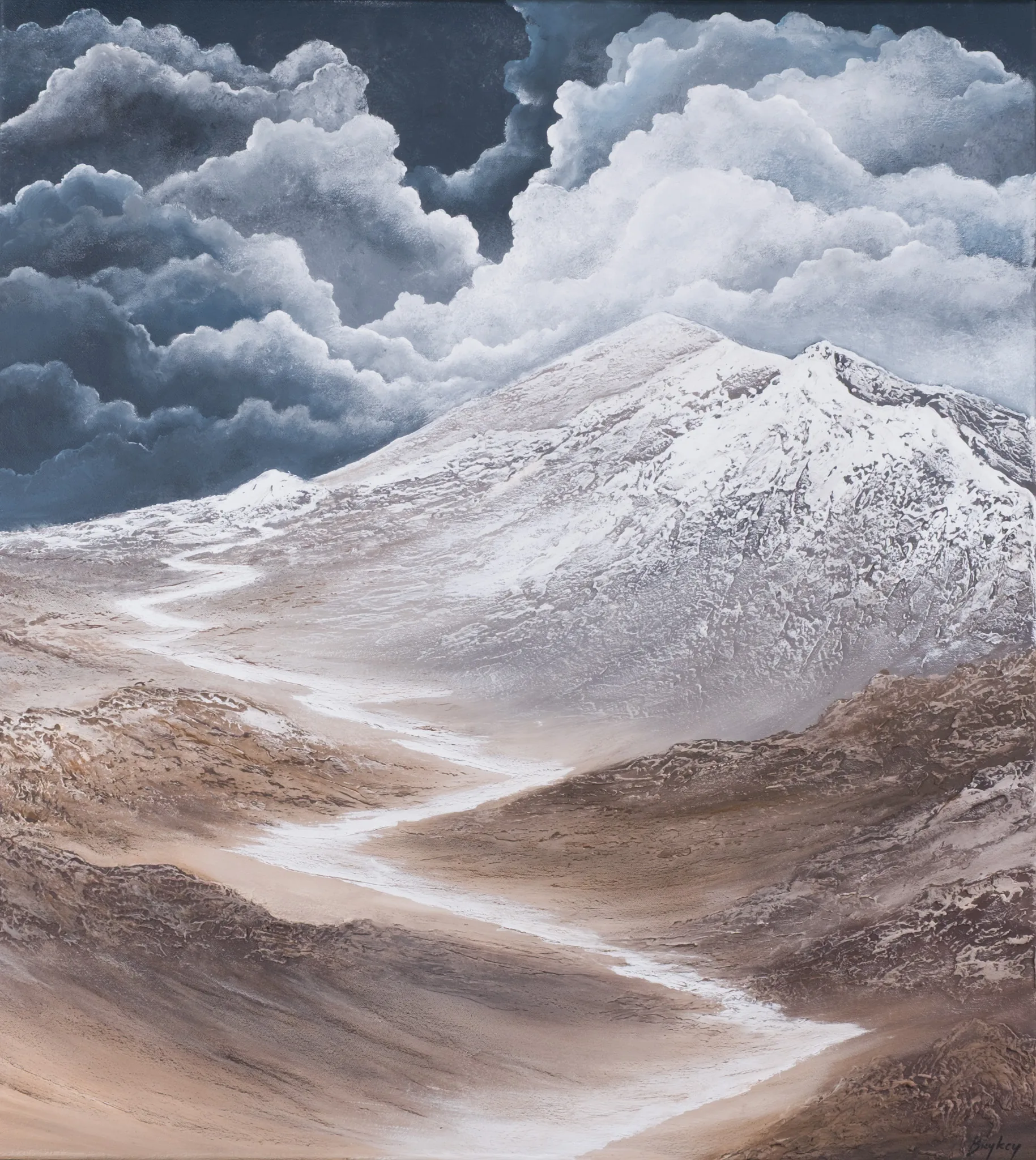 Painting with snowy mountains beneath heavy clouds in blue-gray