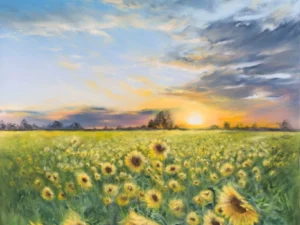 Painting with a sunflower field and sunset sky in green