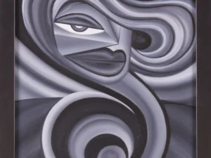 Painting with a stylized face and flowing abstract forms in black