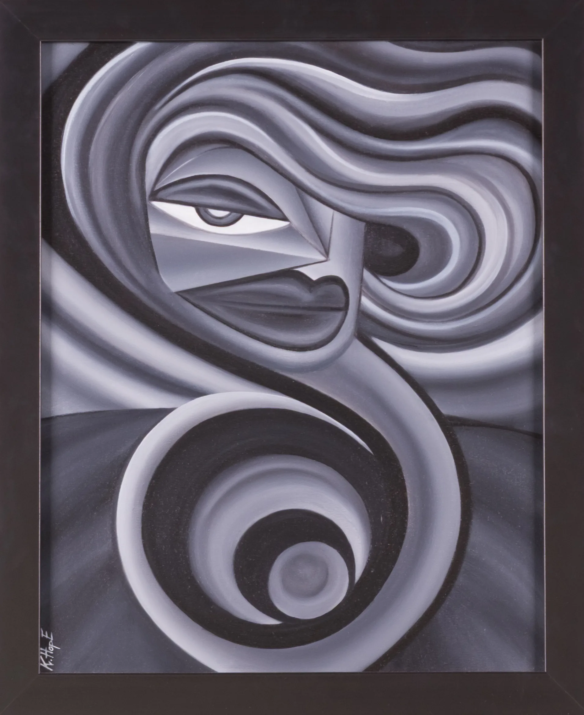Painting with a stylized face and flowing abstract forms in black