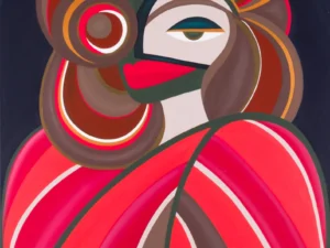 Painting with stylized figure composed of curved bands and circular forms in pink