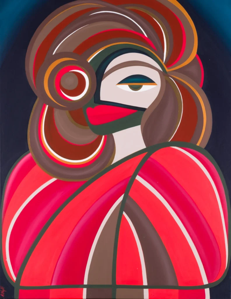 Painting with stylized figure composed of curved bands and circular forms in pink