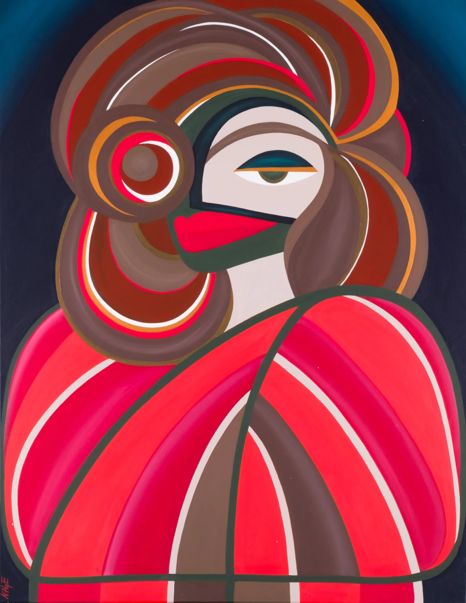 Painting with stylized figure composed of curved bands and circular forms in pink