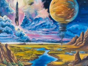 Painting with a science-fiction landscape