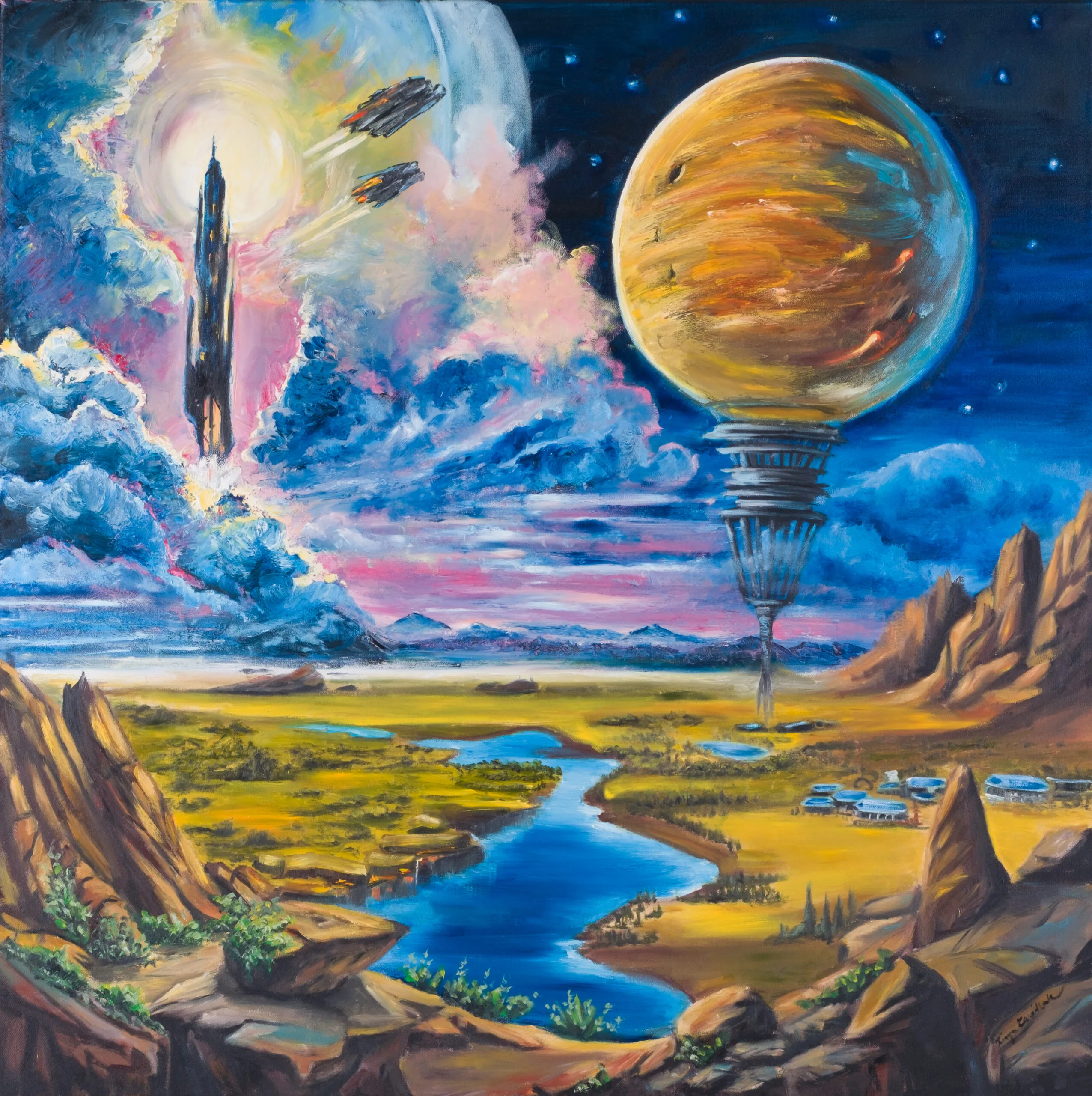 Painting with a science-fiction landscape