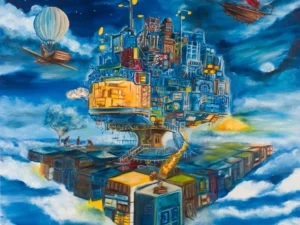 Painting with a floating city among clouds