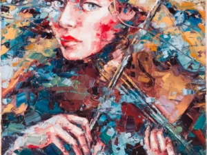 Painting with a violinist portrait in teal
