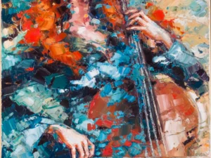 Painting with a seated woman playing cello in turquoise