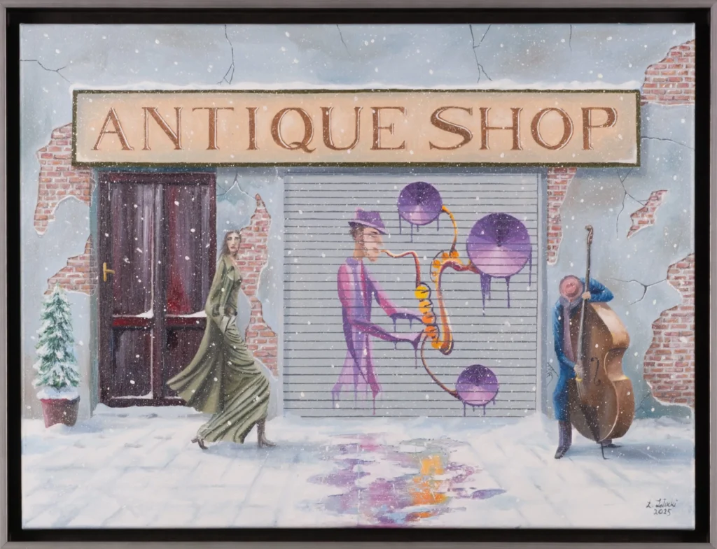 Painting with a snowy antique shop facade