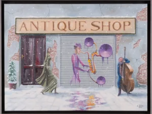 Painting with a snowy antique shop facade