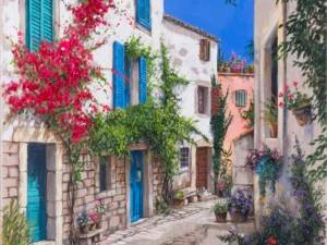 Painting with a narrow village street