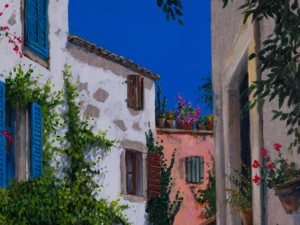 blue shutters and flowering plants in bright blue