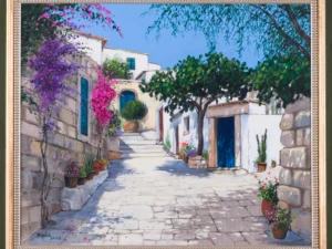 Painting with a sunlit stone lane
