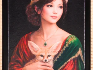 Painting with a small fox held against a figure in warm orange