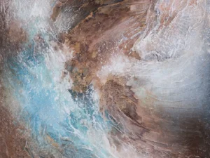 Artwork with abstract layered landscape composition in brown