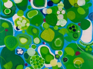 Painting with overlapping rounded botanical forms in green