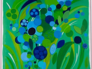 Painting with abstract botanical shapes and clustered circles in green
